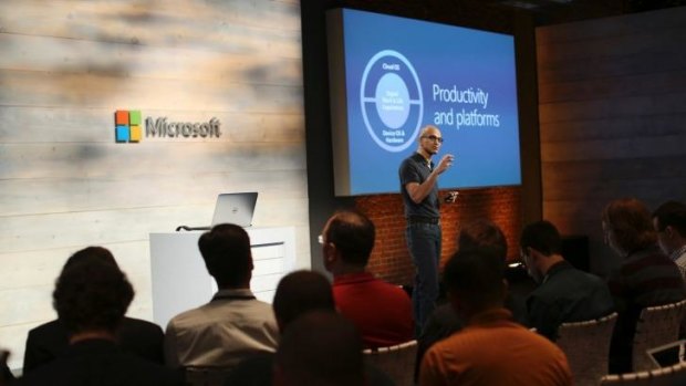 Microsoft CEO Satya Nadella addresses the audience during a cloud briefing event in San Francisco.