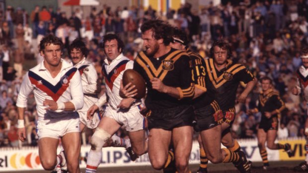 Bring back the tours ... Ray Price on the attack against Great Britain in the third Test at the SCG in 1979. Tommy Raudonikis looms up in the background looking for a Pom to hit.