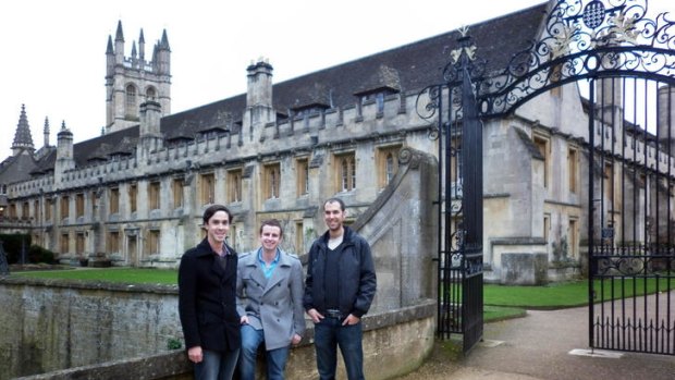 Distance learning: Victorian students Cameron Sim, James Hillis and Alessandro Caputo at Magdalen College in Oxford.