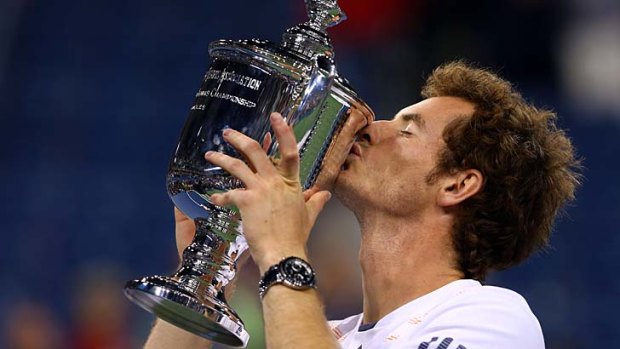 Finally &#8230; Andy Murray celebrates his US Open victory over Novak Djokovic.