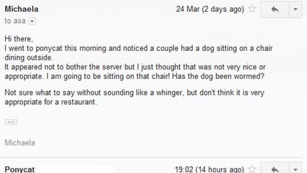 An email exchange between a Ponycat cafe customer and one of the cafe's owners after the customer saw a dog sitting on one of the cafe's outside seats.