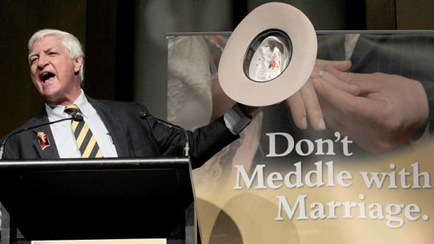 Bob Katter addresses the "Don't Meddle with Marriage" rally at Parliament House, Canberra earlier this month.