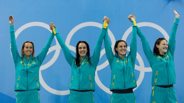 Emma McKeon, Brittany Elmslie, Bronte Campbell and Cate Campbell on the podium in Rio.