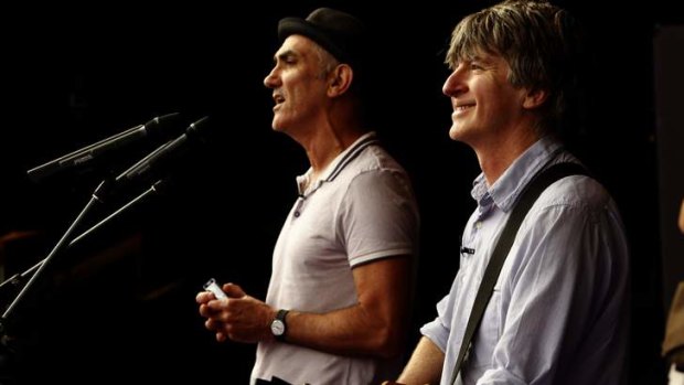 Paul Kelly and Neil Finn perform at a press conference in Sydney Opera House to announce their combined national tour.