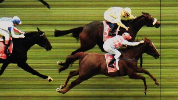 By a nose: Dunaden (yellow silks)  wins last year's Melbourne Cup from Red Cadeaux.