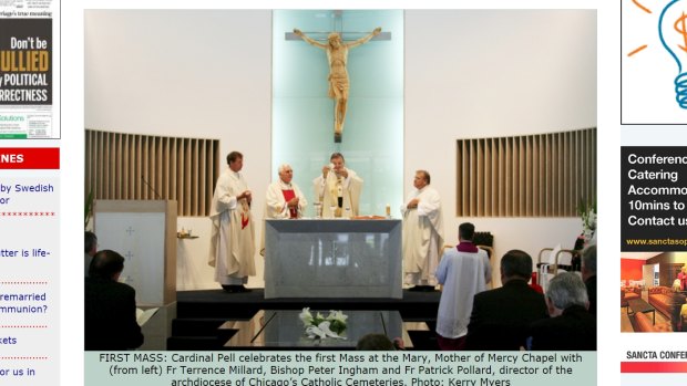 FIRST MASS: Cardinal Pell celebrates the first Mass at the Mary, Mother of Mercy Chapel with (from left) Fr Terrence Millard, Bishop Peter Ingham and Fr Patrick Pollard, director of the archdiocese of Chicago?s Catholic Cemeteries