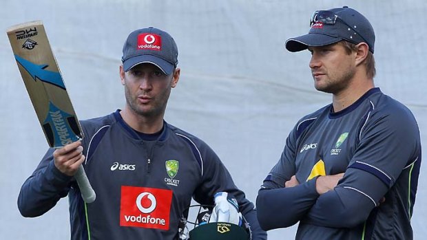 All good ... Australian captain Michael Clarke and Shane Watson train in Adelaide on Wednesday.  The skipper has played down talk of a rift with his deputy.
