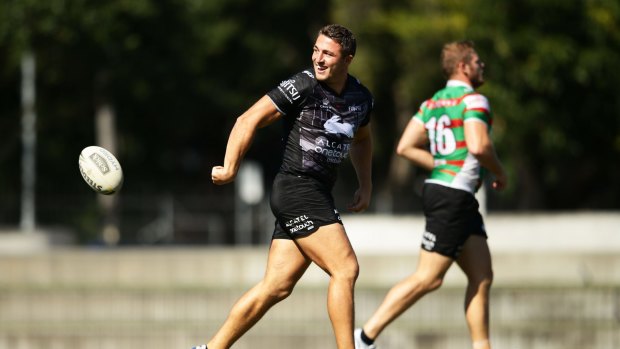 Marquee attraction: Sam Burgess warms up during a South Sydney Rabbitohs training session at Redfern Oval.