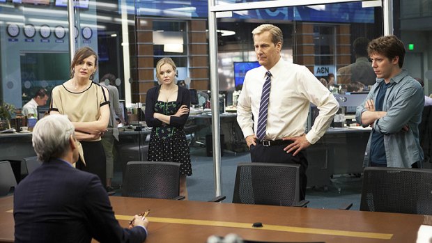 High stakes ... anchor Will McAvoy (Jeff Daniels, second from right) and his team debate the story with their boss, Charlie Skinner (Sam Waterston, seated).