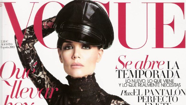 Leather and lace ... Katie Holmes makes her dominatrix debut in Spanish Vogue.