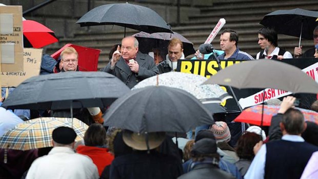 Outspoken ... Alan Jones addresses protesters.