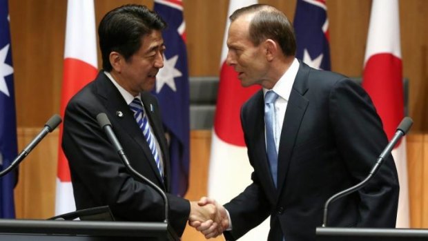 Prime Minister Tony Abbott and Japanese Prime Minister Shinzo Abe in Canberra.