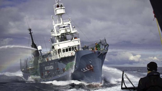 Japanese whaling fleet vessel Yushin Maru No. 3 sprays water cannons at a Sea Shepherd vessel last year.