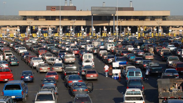 Cars lined up to pass into America from Tijuana, Mexico.