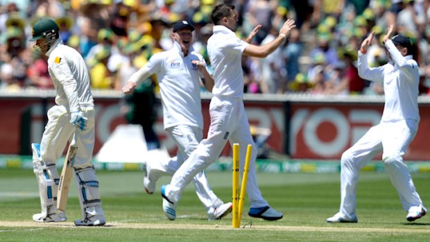 Michael Clarke wasn't in the middle for very long, bowled by James Anderson.