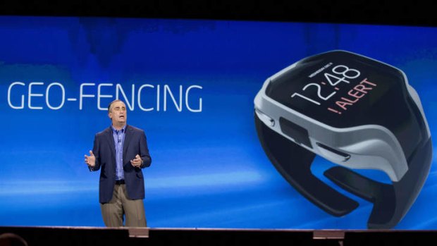 Intel CEO Brian Krzanich talks about geo-fencing in a wearable tracker during a keynote address at the .
