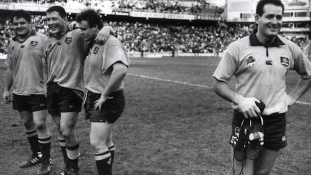 All smiles (from left): Ewen McKenzie, Phil Kearns, Tony Daly and David Campese after Australia beat England in 1991.