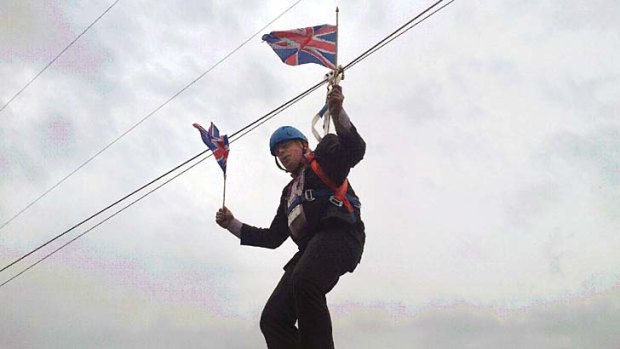 Mayor on a wire &#8230; Boris Johnson zips in to a party.