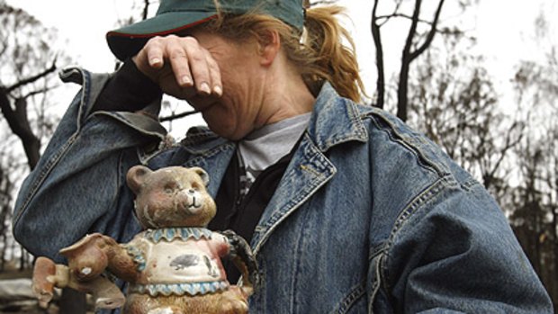 Bev Rice, a collector of teapots and victim of the bushfires which swept through Victoria, saved a teddy bear teapot and a few dishes and plates.