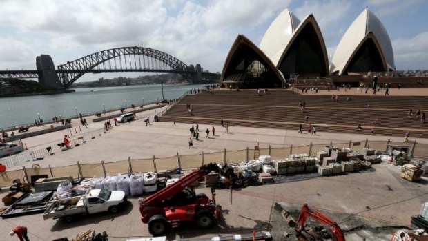 The view of the Sydney Opera House is marred by building works.