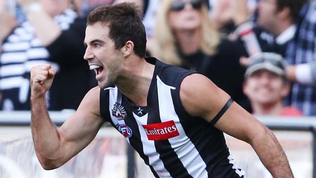 Steele Sidebottom celebrates one of the goals during Collingwood's second quarter revival.