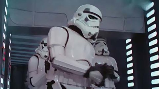 The storm trooper on the right bangs his head in <i>Star Wars - Episode IV: A New Hope</i>.