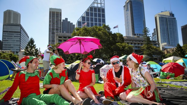 Feeling the heat: Jeremy Slough, Alicia Crawford, Bianca Vik, Michael Coombsand and Brianna Gough at Carols in the Domain.