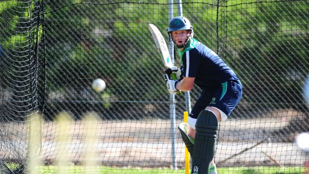 Irish cricketer Kevin O'Brien in the nets at Manuka Oval.