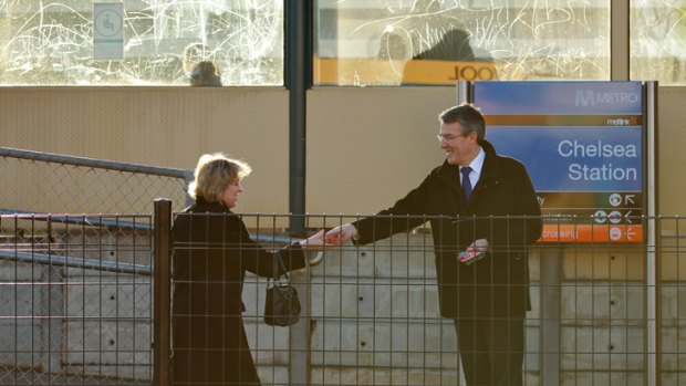 Attorney-General Mark Dreyfus campaigns at Chelsea train station for his seat of Isaacs.