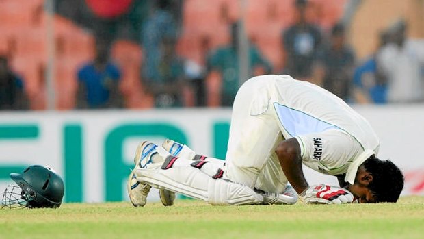 An emotional Abul Hasan celebrates his debut Test century?