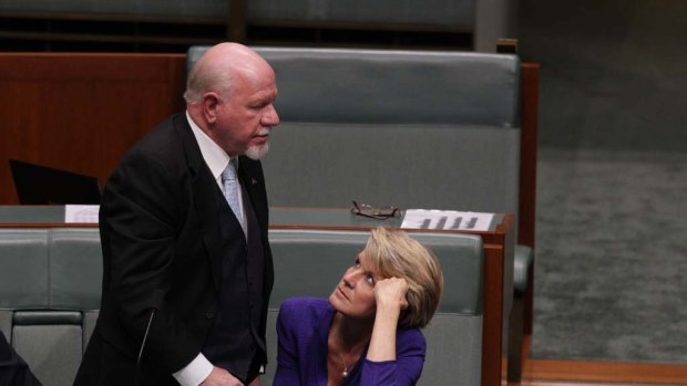 Liberal MP Mal Washer and Deputy Opposition Leader Julie Bishop during last night's vote on Oakeshott's migration bill.