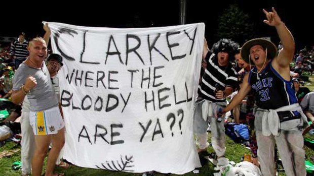 Supporters ask the big question during the one-dayer against New Zealand in Hamilton yesterday.