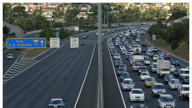 Outbound peak-hour traffic on the Tullamarine Freeway. 