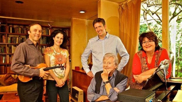 Music makers &#8230;Peter Sculthorpe at home with the Goldner String Quartet, Dene Olding, Dimity Hall, Julian Smiles and Irina Moroza.