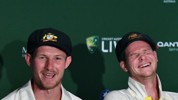 It's a funny game, cricket: Steve Smith can't contain himself as Cameron Bancroft explains his bizarre nightclub encounter with England's Johnny Bairstow.