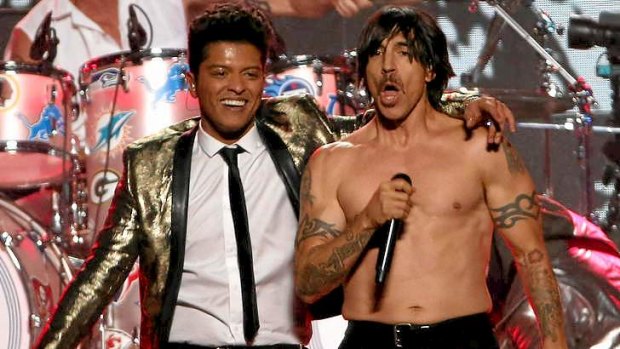 Overshadowed? Bruno Mars (L) and Anthony Kiedis of the Red Hot Chili Peppers perform during the Super Bowl halftime show.