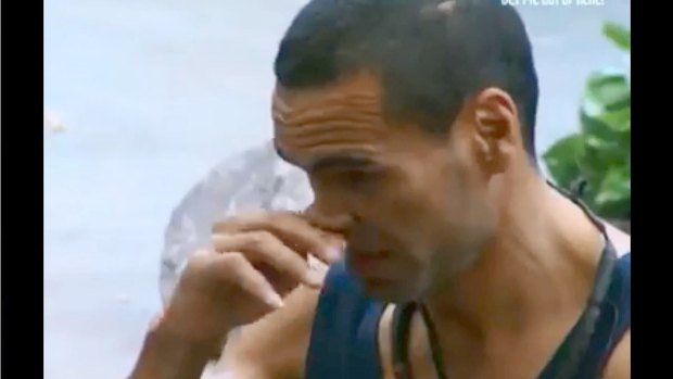 Anthony Mundine crying as he addresses I'm A Celeb contestants.