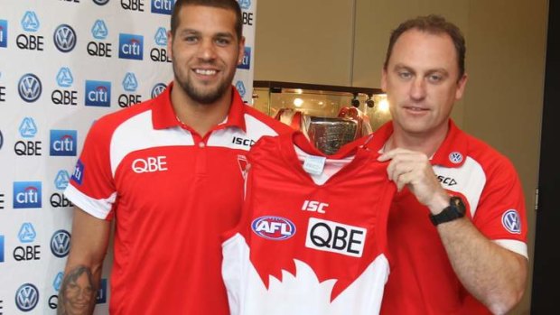 New home: Lance "Buddy" Franklin at the press conference on Wednesday.
