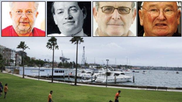 Game on ... Elizabeth Bay’s sleepy  cove setting may soon house a bigger marina if development plans are approved. From left: Rene Rivkin; John  Alexander, Peter Fitzhenry and Lindsay Fox.