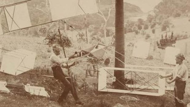 Lawrence Hargrave and his kites at Stanwell Park, 1894.