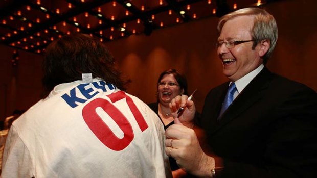 Then opposition leader Kevin Rudd signs the popular Kevin 07 t-shirts.