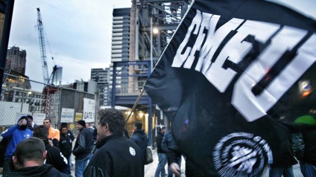 CFMEU members rally outside the Grocon construction site in August.