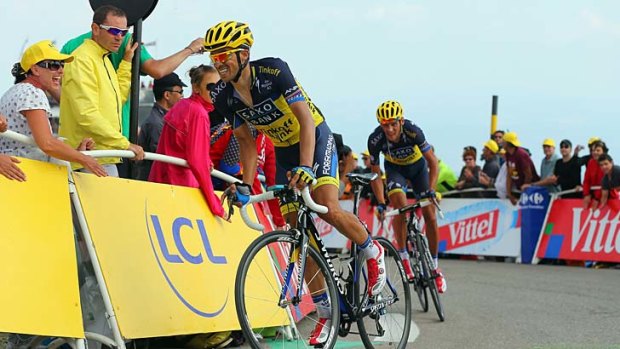 Alberto Contador climbs the final bend during stage 15 of the Tour de France.