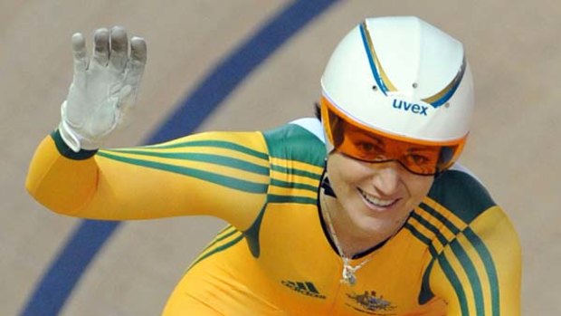 Anna Meares is jubilant last night after winning her pet event, the 500 metres time trial.