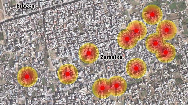 Map of the 330mm chemical rocket impact locations in Zamalka neighbourhood.