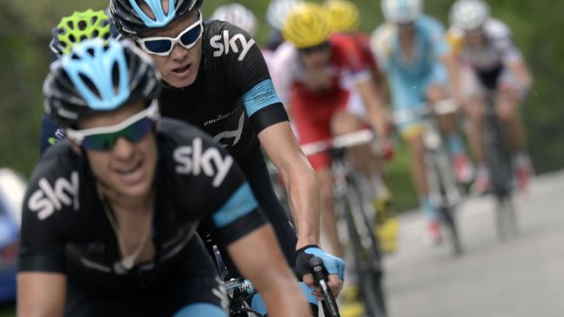 Team work: Richie Porte (front) making the pace in the Criterium du Dauphine for eventual winner Chris Froome (behind Porte).
