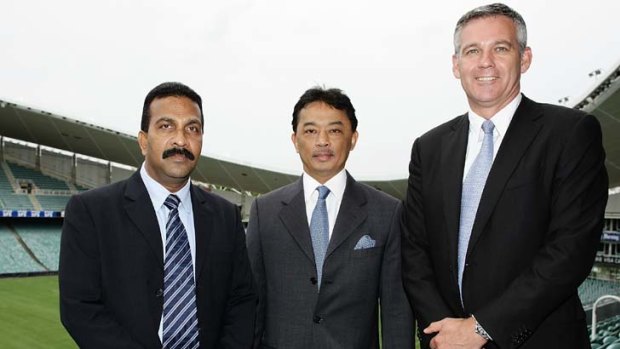 HRH Prince Abdullah Shah, Chairman of AFC Organising Committee for the AFC Asian Cup Australia 2015, centre, is joined by FFA CEO Ben Buckley, right, and General Secretary Asian Football Confederation Alex Soosay, left, at the SFS last month.