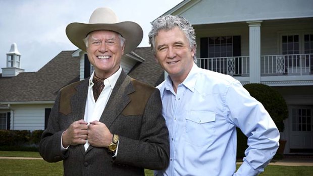 Larry Hagman, left, on the set of Dallas.