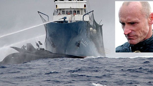 The Shonan Maru No.2 at the moment of impact and, inset, the Ady Gil captain Peter Bethune, who is being held after boarding.