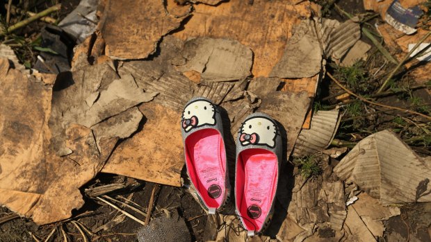 A pair of hello kitty shoes lay at one of the sites where the front section of Malaysian flight MH17.